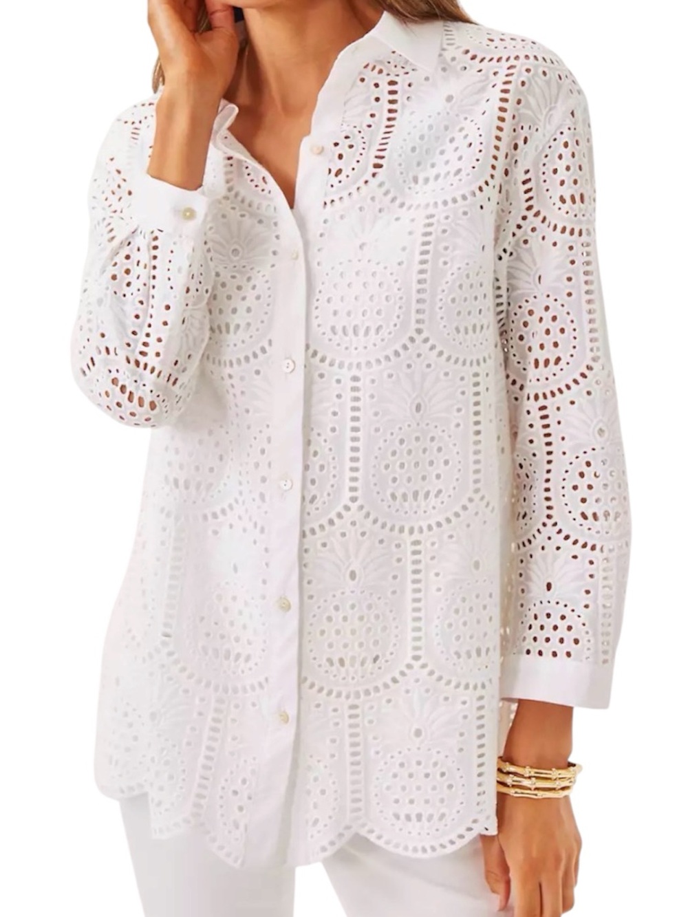 Lilly Pulitzer Gracee white button up pineapple eyelet tunic top size Large